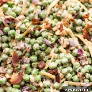 Close-up of creamy bacon pea salad