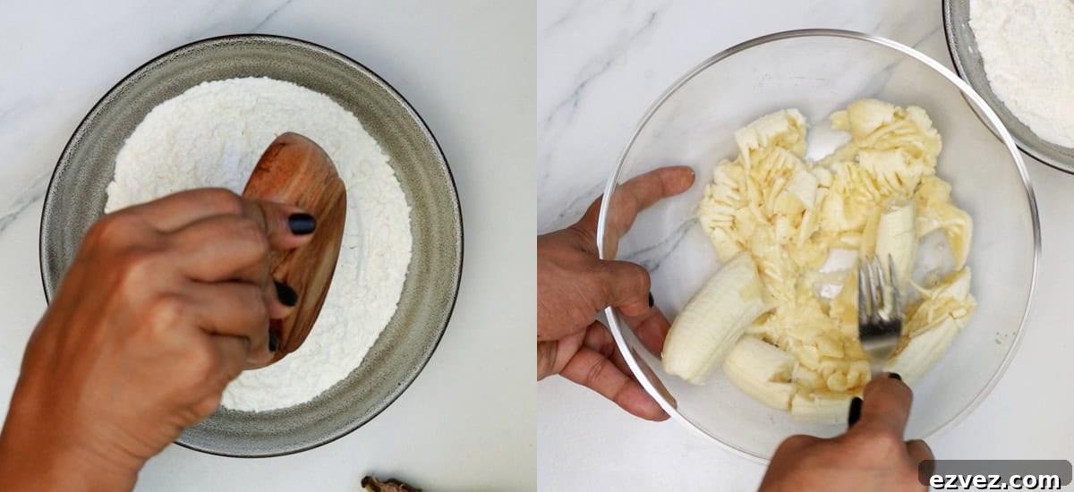 Mix dry ingredients. Mash banana.