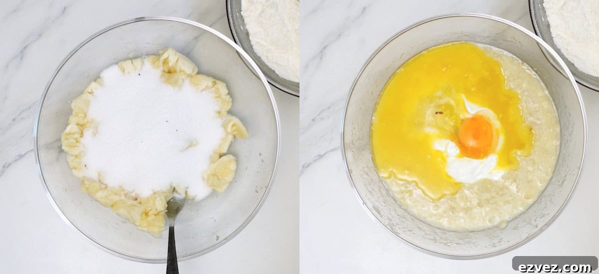 Add sugar, melted butter, egg, greek yogurt.