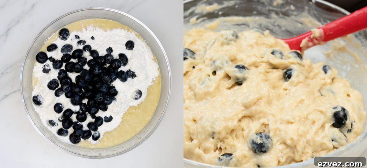 Fold in dry mixture and blueberries to the wet mix.
