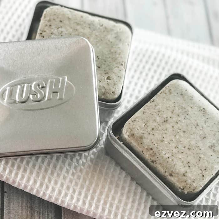 placing homemade Lush Buffy Bars with essential oils into Lush tins for storage
