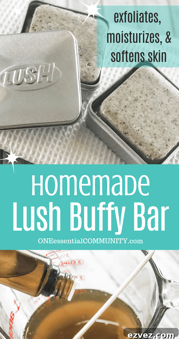 Homemade Lush Buffy Bar with essential oils exfoliates, moisturizes, and softens skin