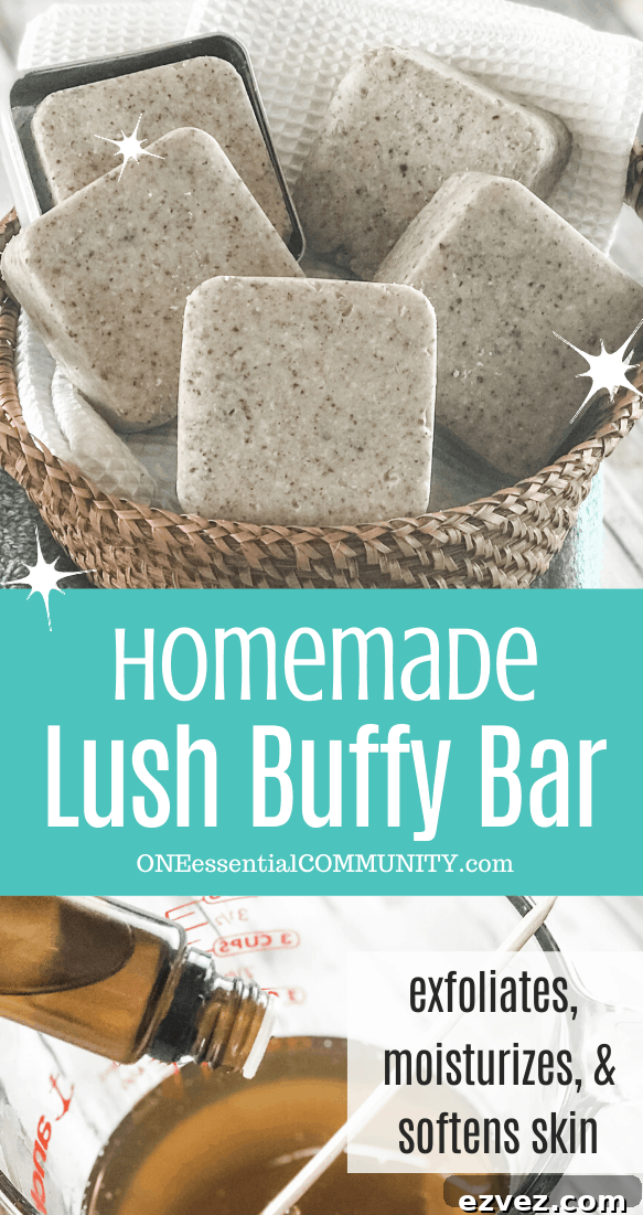 Homemade Lush Buffy Bar with essential oils exfoliates, moisturizes, and softens skin