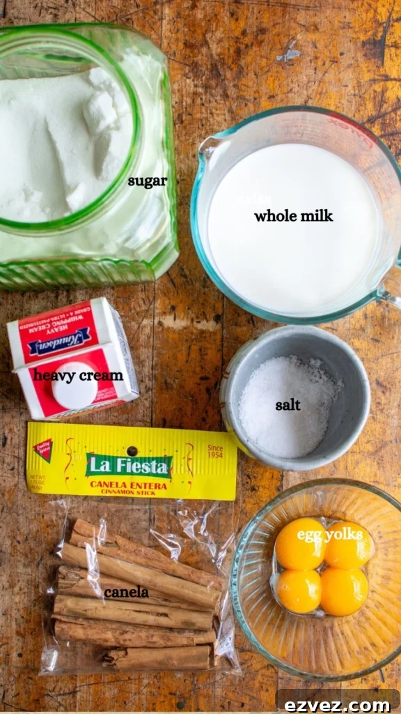 All the ingredients to make cinnamon ice cream recipe