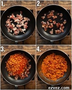 4 step by step photos showing how to make bacon baked beans