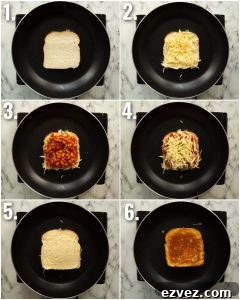 6 step by step photos showing how to make a baked bean sandwich