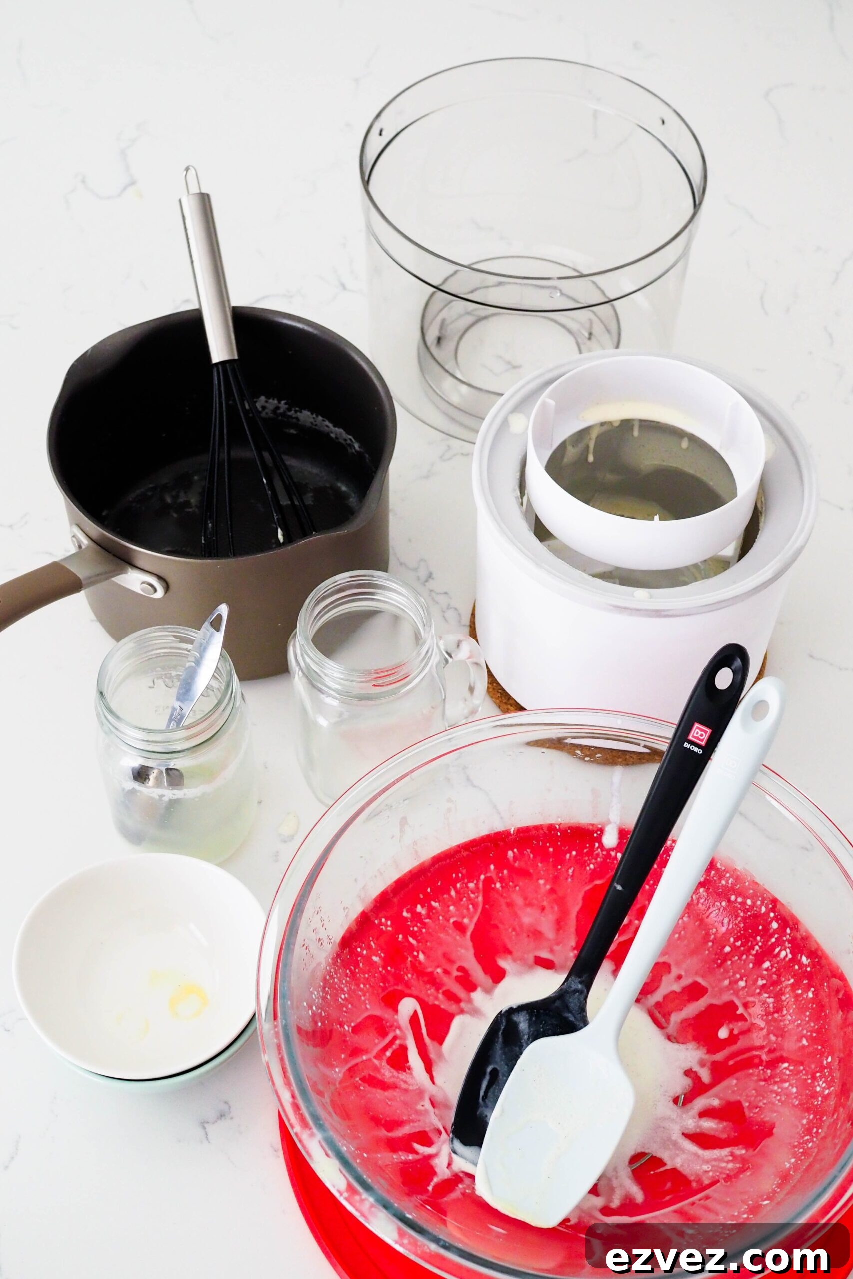 A pile of dishes used to make French vanilla ice cream.