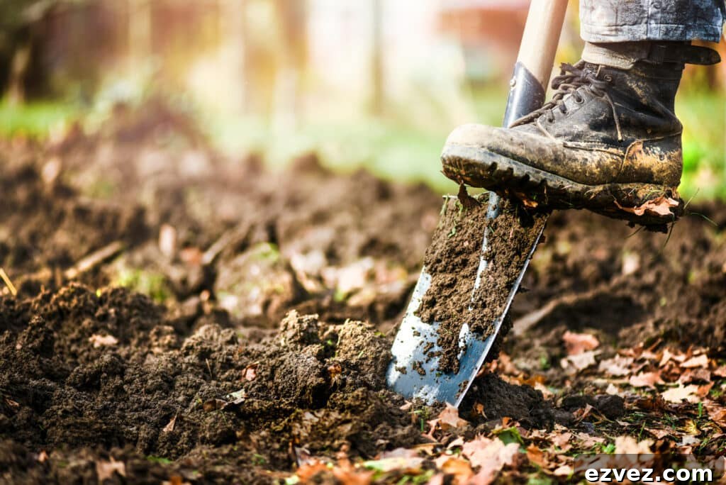man wearing boot digging in garden with spade