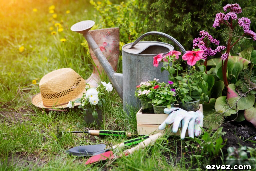 garden tools, hat, gloves, watering can