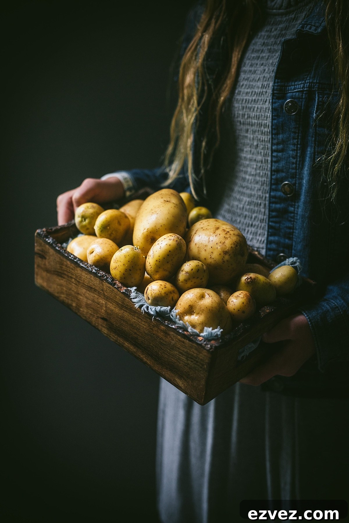 girl with long red hair holds golden yukon potatoes piled high for guinness shepherds pie