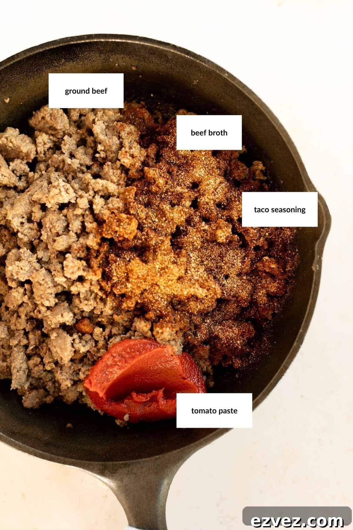 A skillet containing cooked taco meat made from ground beef, beef broth, taco seasoning, and tomato paste, each labeled with text boxes.