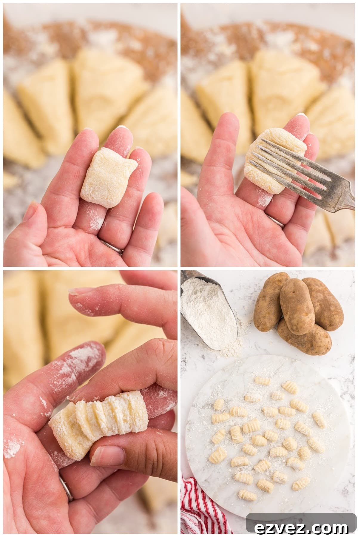 Using a fork to make indentions on the potato gnocchi.