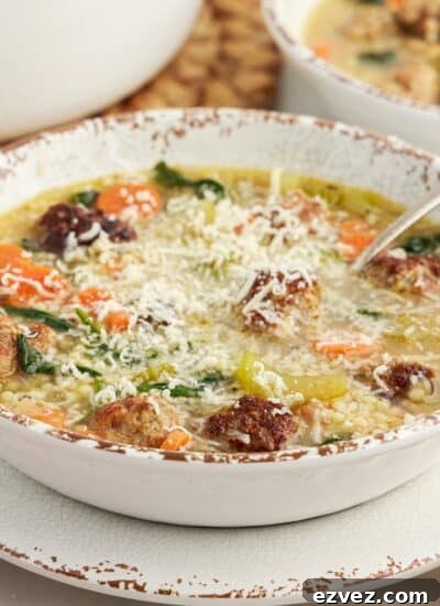 Close up view of a bowl of Italian Wedding Soup.