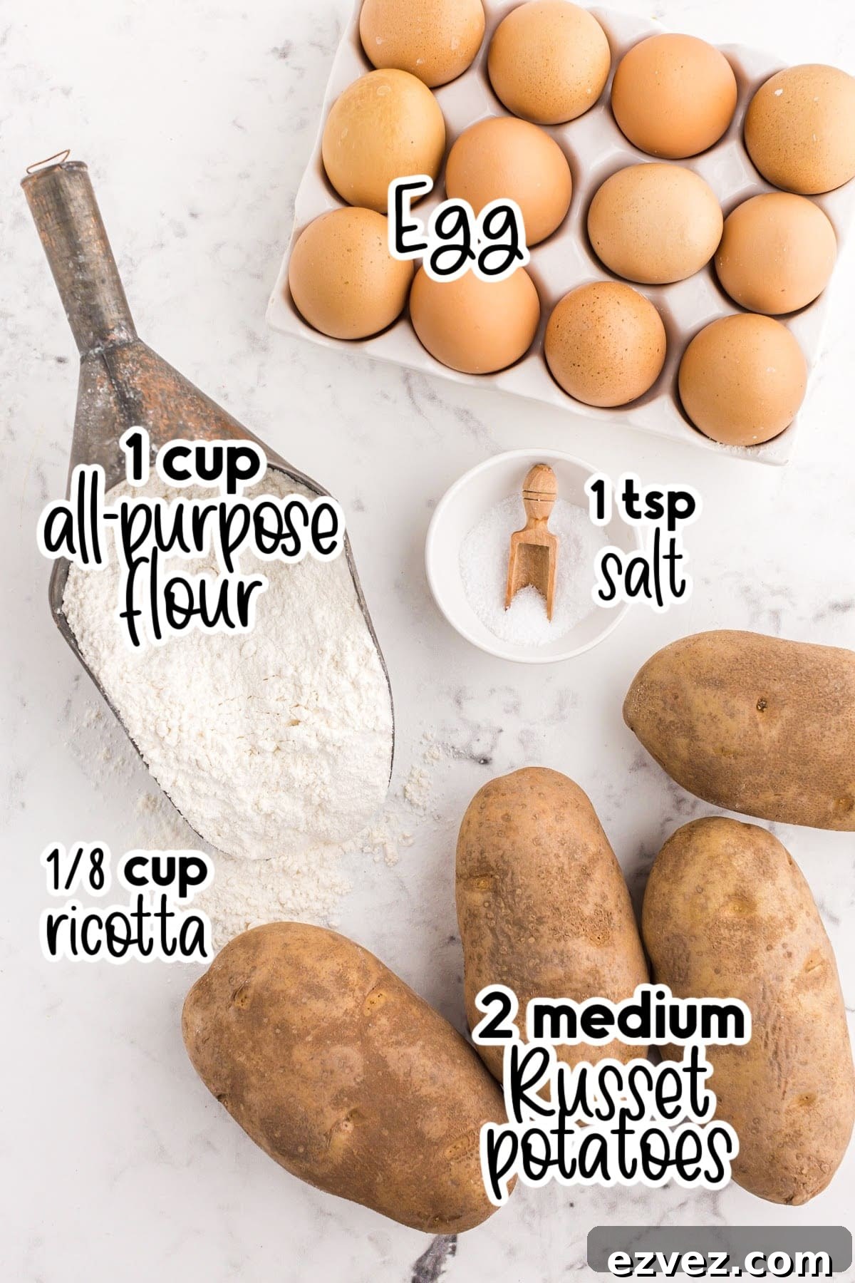 Ingredients needed to make homemade potato gnocchi.