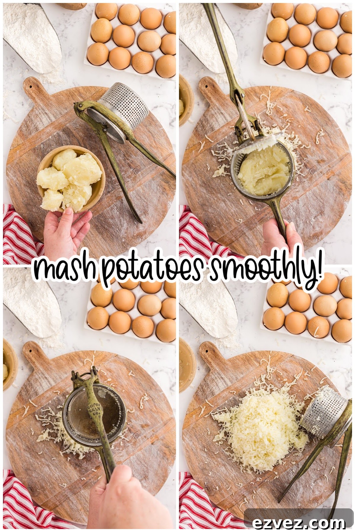 Putting the cooked potatoes through a ricer to make gnocchi.