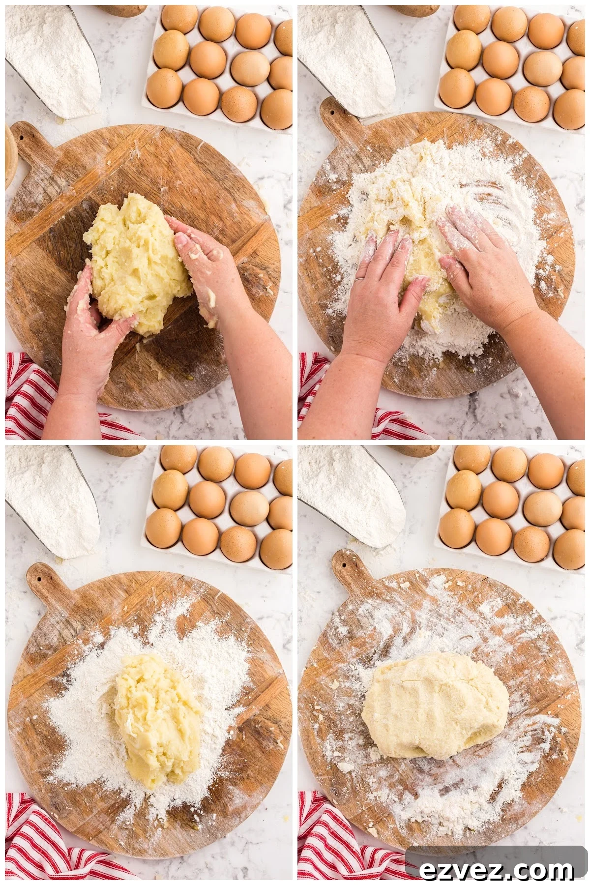 Making the potato gnocchi dough on a floured cutting board.
