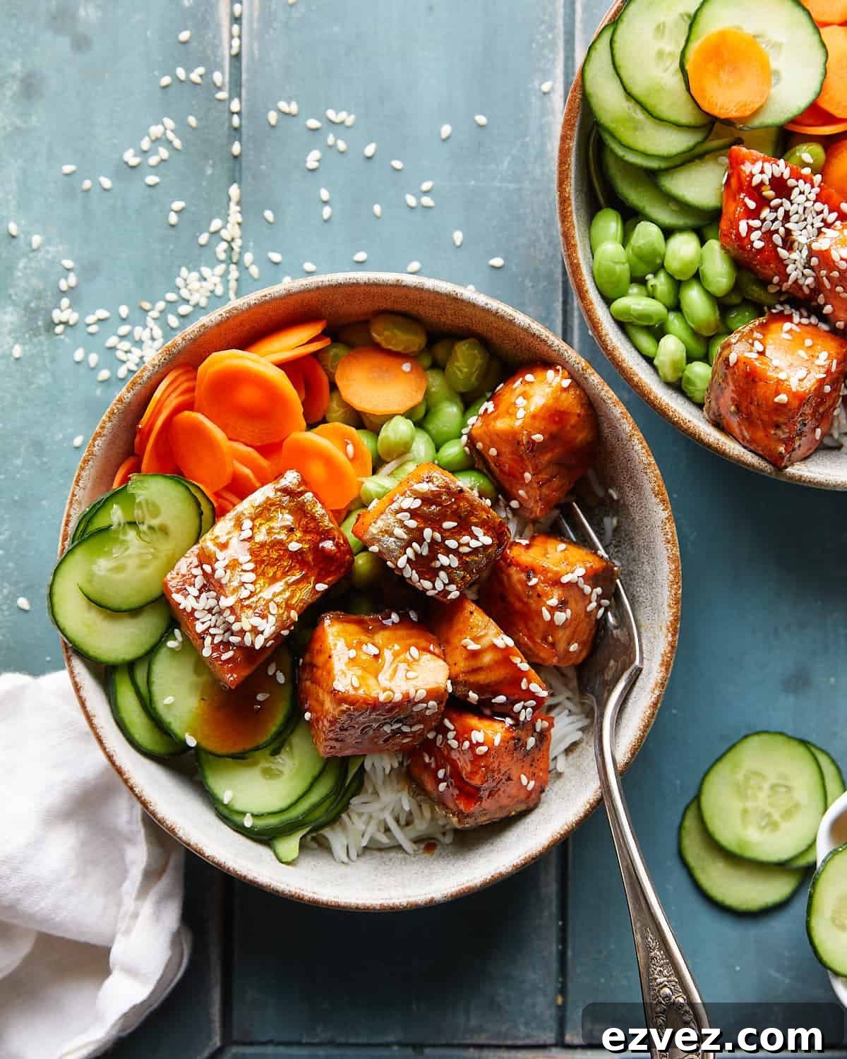Overhead image of teriyaki salmon rice bowl. 