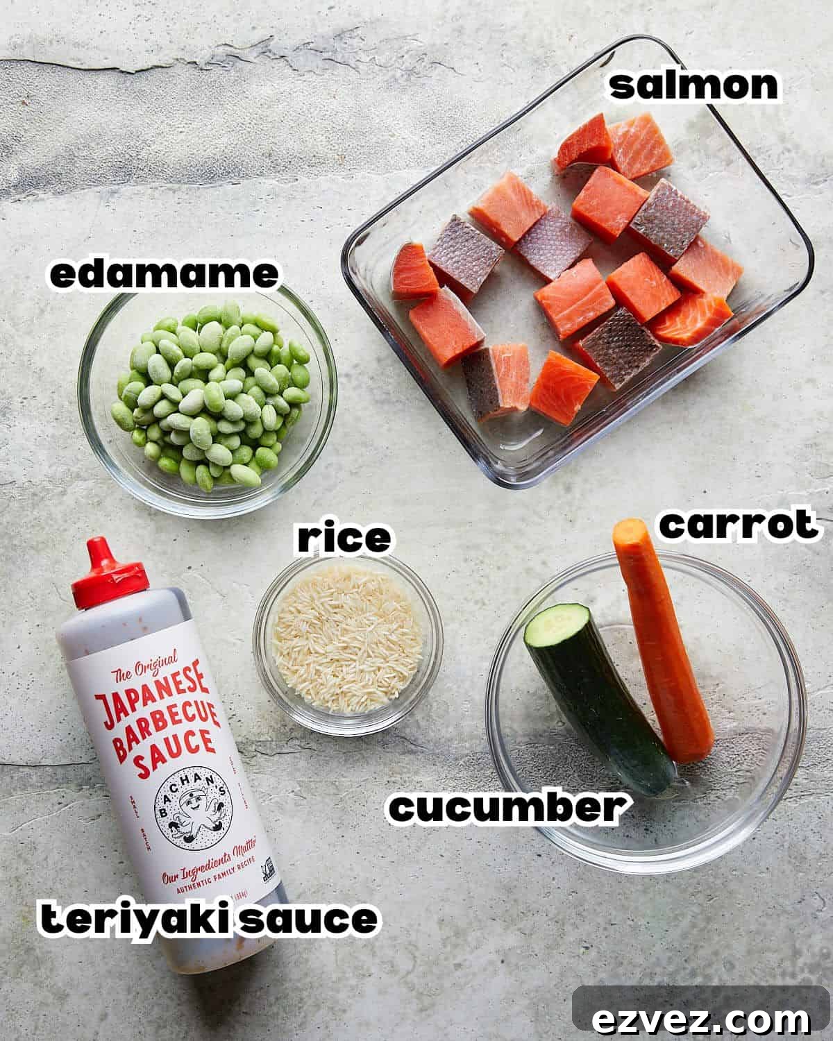 Overhead image of ingredients needed to make teriyaki salmon rice bowls. 