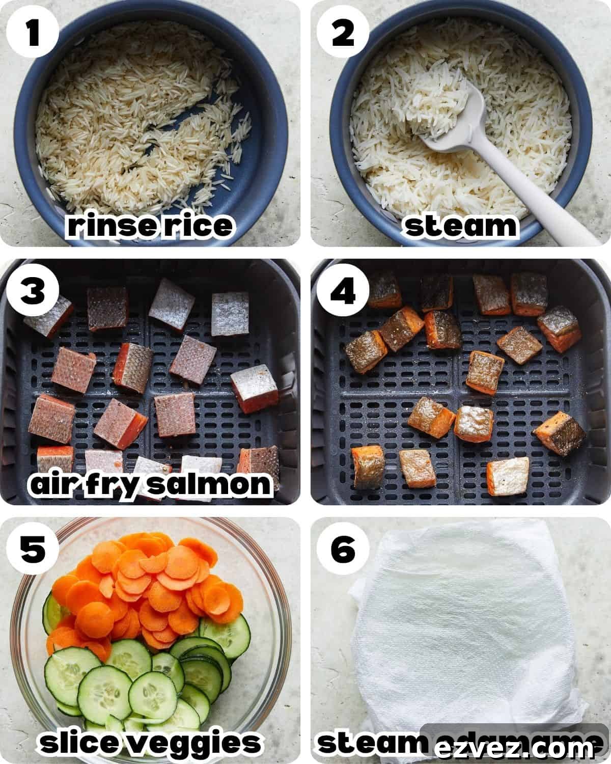 A 6 photo collage showing the assembly of teriyaki salmon rice bowls. 