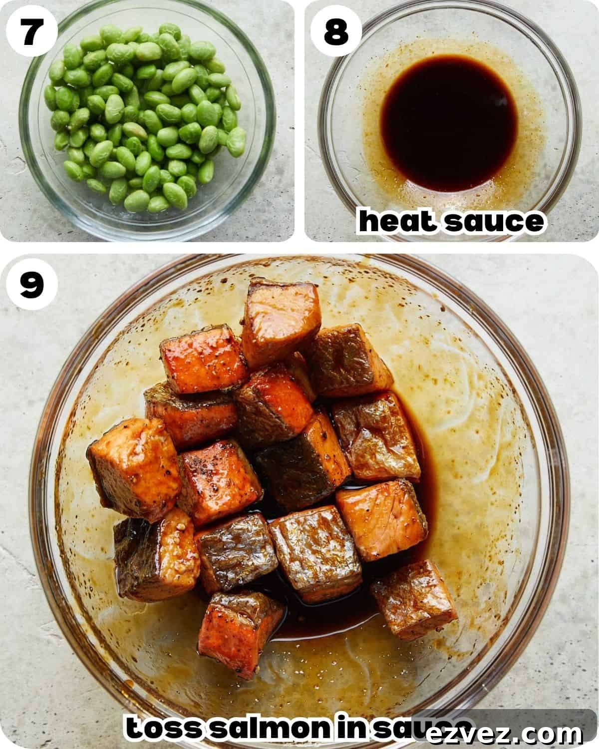 A three image collage showing the final assembly of teriyaki salmon rice bowls. 