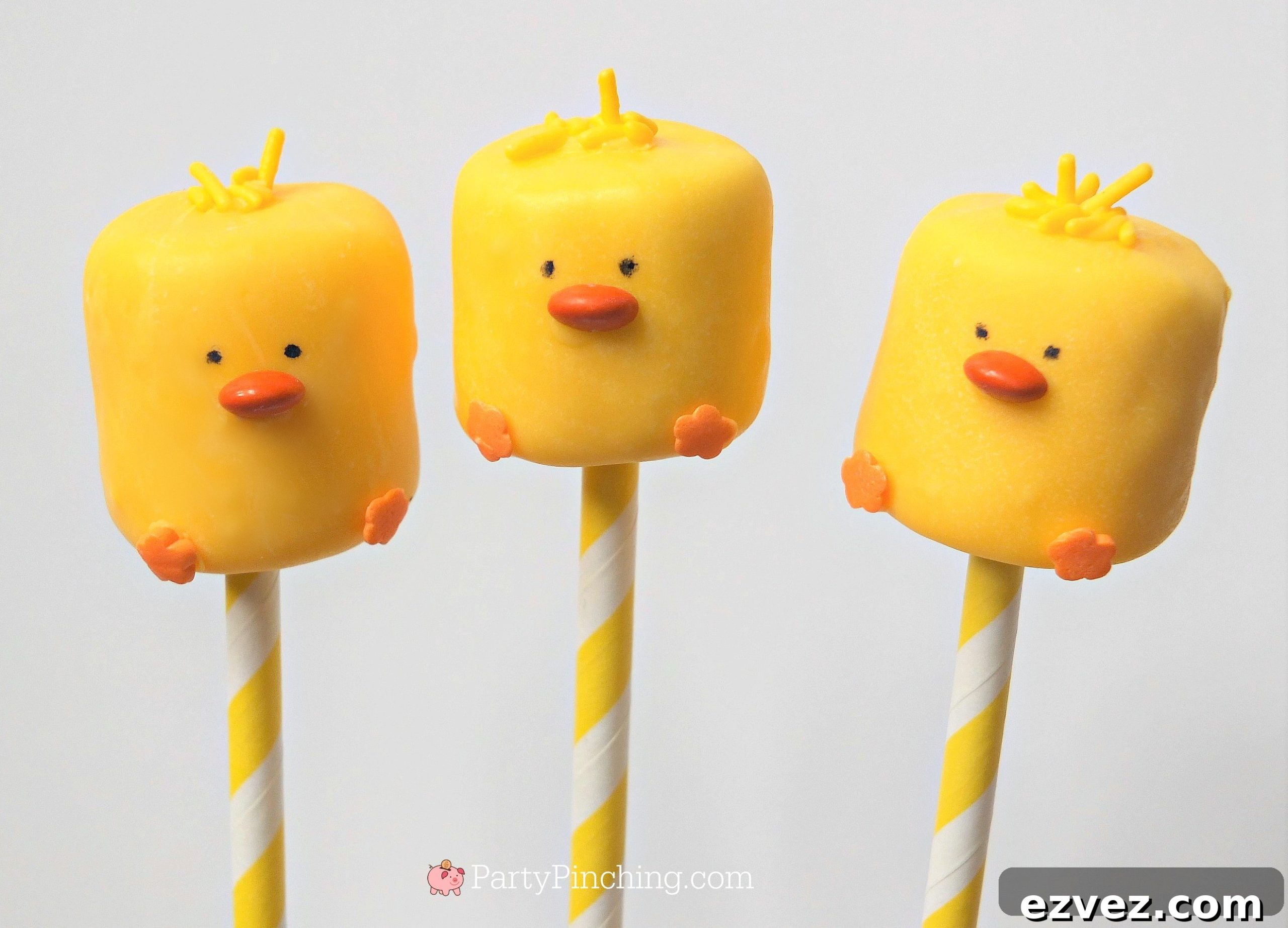 Adorable Marshmallow Chick Desserts: Fun Easter Treats 3 cute marshmallow chicks for Easter or spring, chick cupcake topper, chick on a stick, chick pops, cute and easy Easter dessert kids will love to make, chick marshmallow pops, chick cupcake toppers