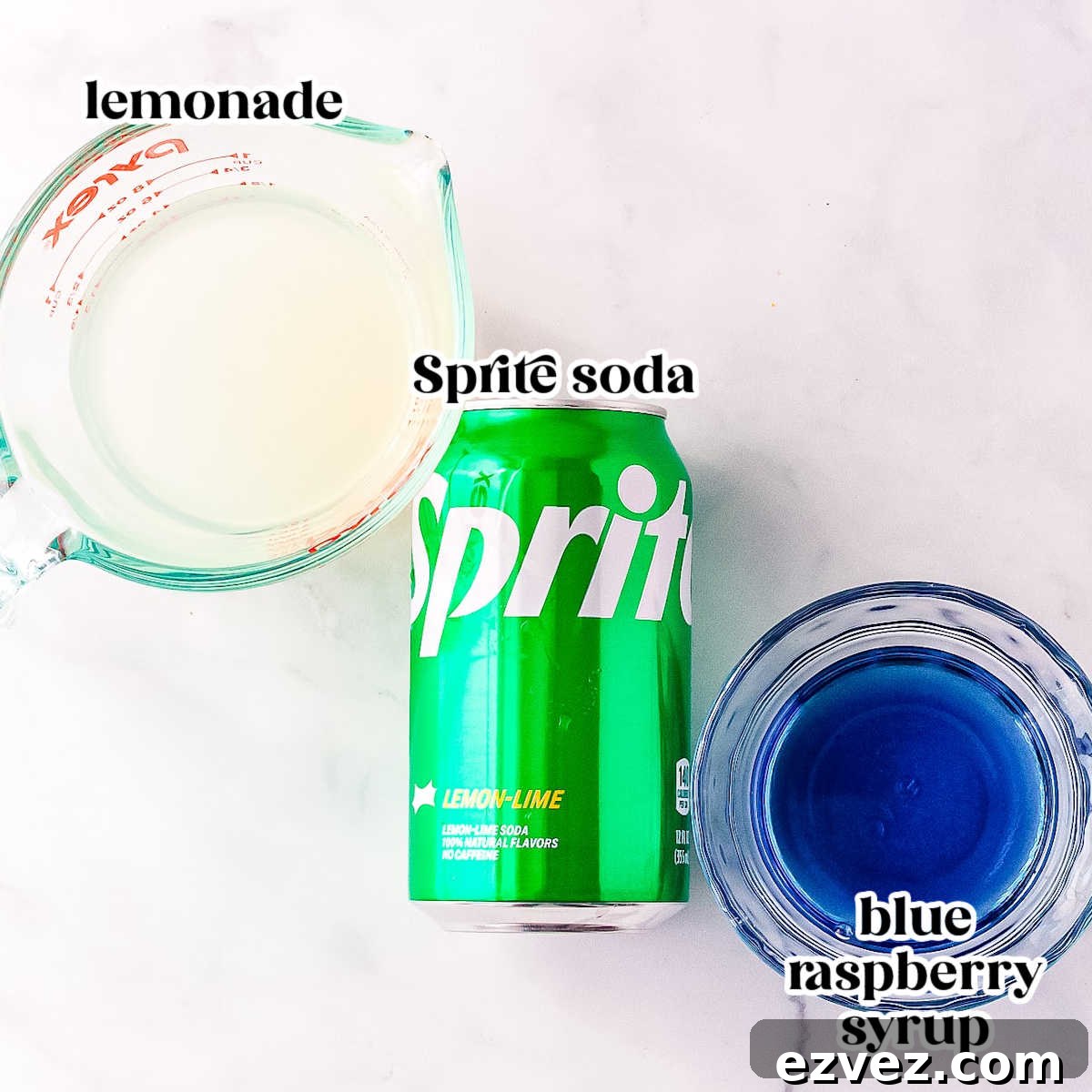 The shark attack drink recipe ingredients with text overlay labeling each.
