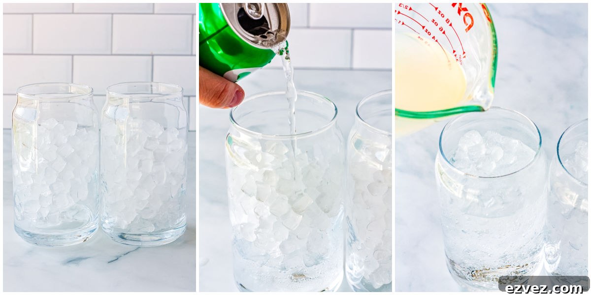 Pebble ice, Sprite, and lemonade poured into two 16 ounce glasses.