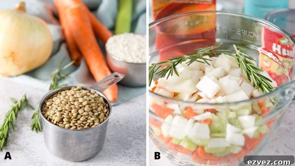 Left - lentils, rice, onion, carrots and celery. Right - glass bowl with chopped onions, carrots, celery, rosemary, diced tomatoes, broth and wine
