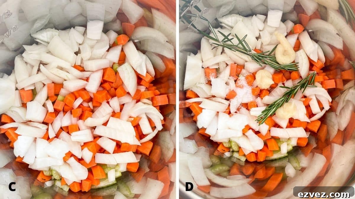 Left - overhead view of the vegetables in the pan. Right - overhead view of the pan of veggies with added rosemary, garlic and salt