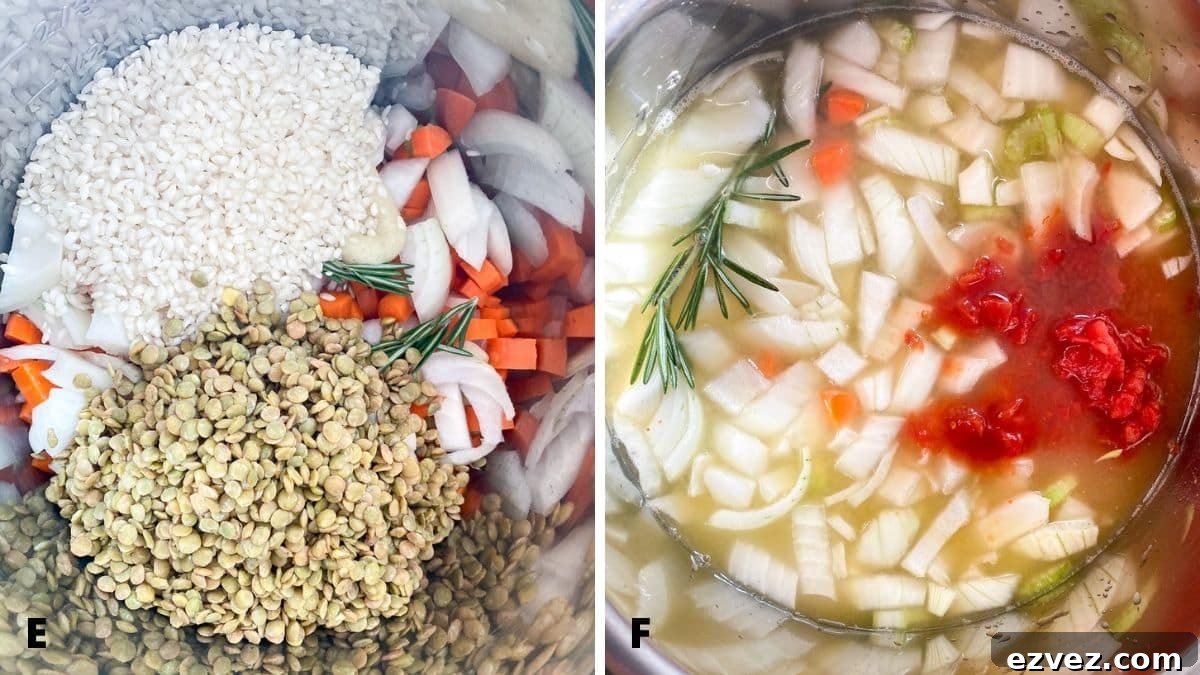 Left - overhead view of the pan with added rice and lentils. Right - overhead view of added broth, tomatoes and wine