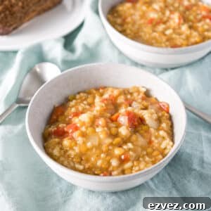 Two grey bowls filled with the thick soup - square