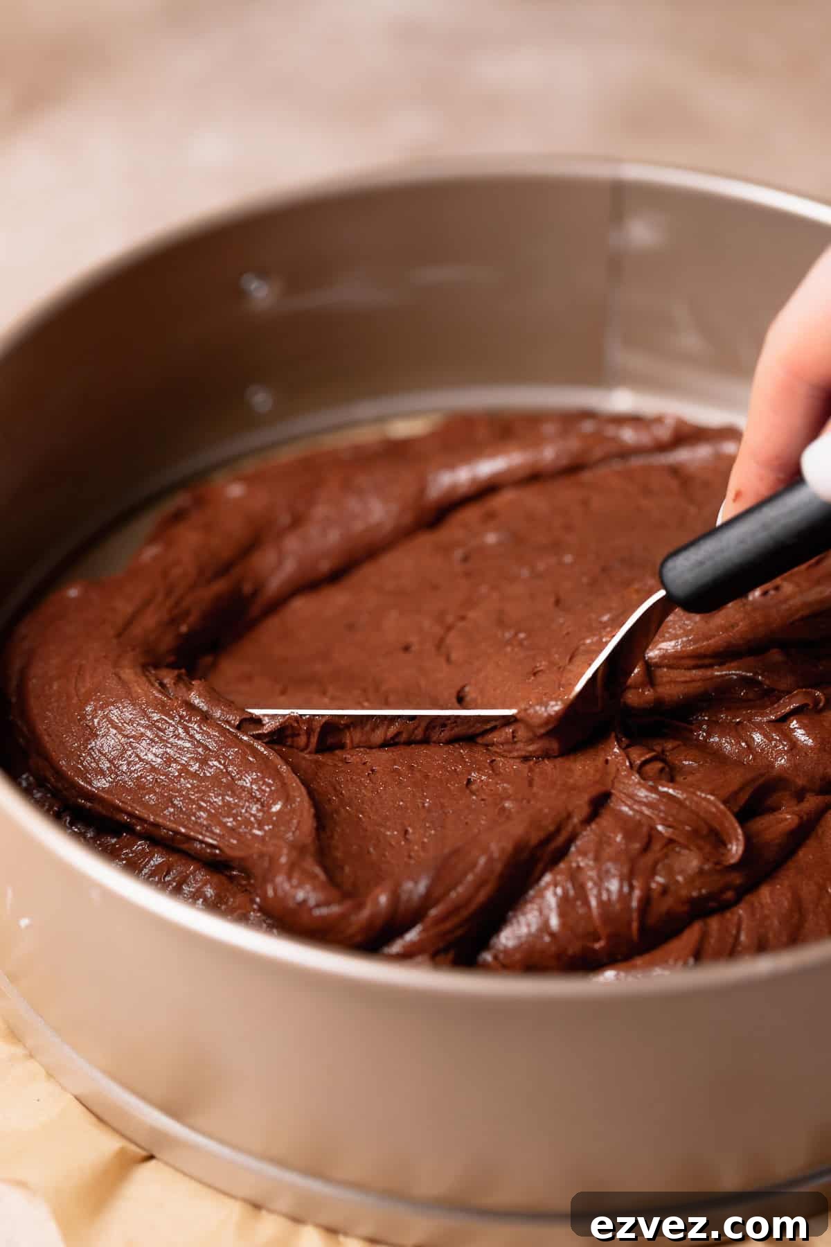 Fudgy Brown Butter Chocolate Brownie Cake Recipe 5 A spatula spreading the brownie batter into the baking pan.