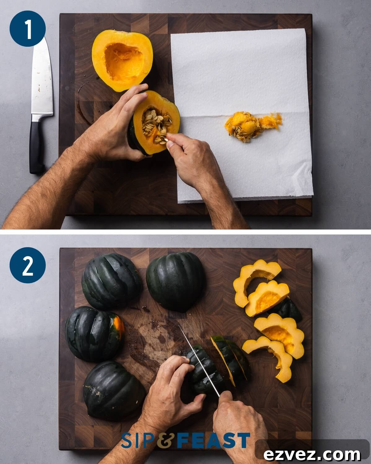 Parmesan roasted acorn squash recipe collage group one showing removing seeds from acron squash and cutting into half discs.
