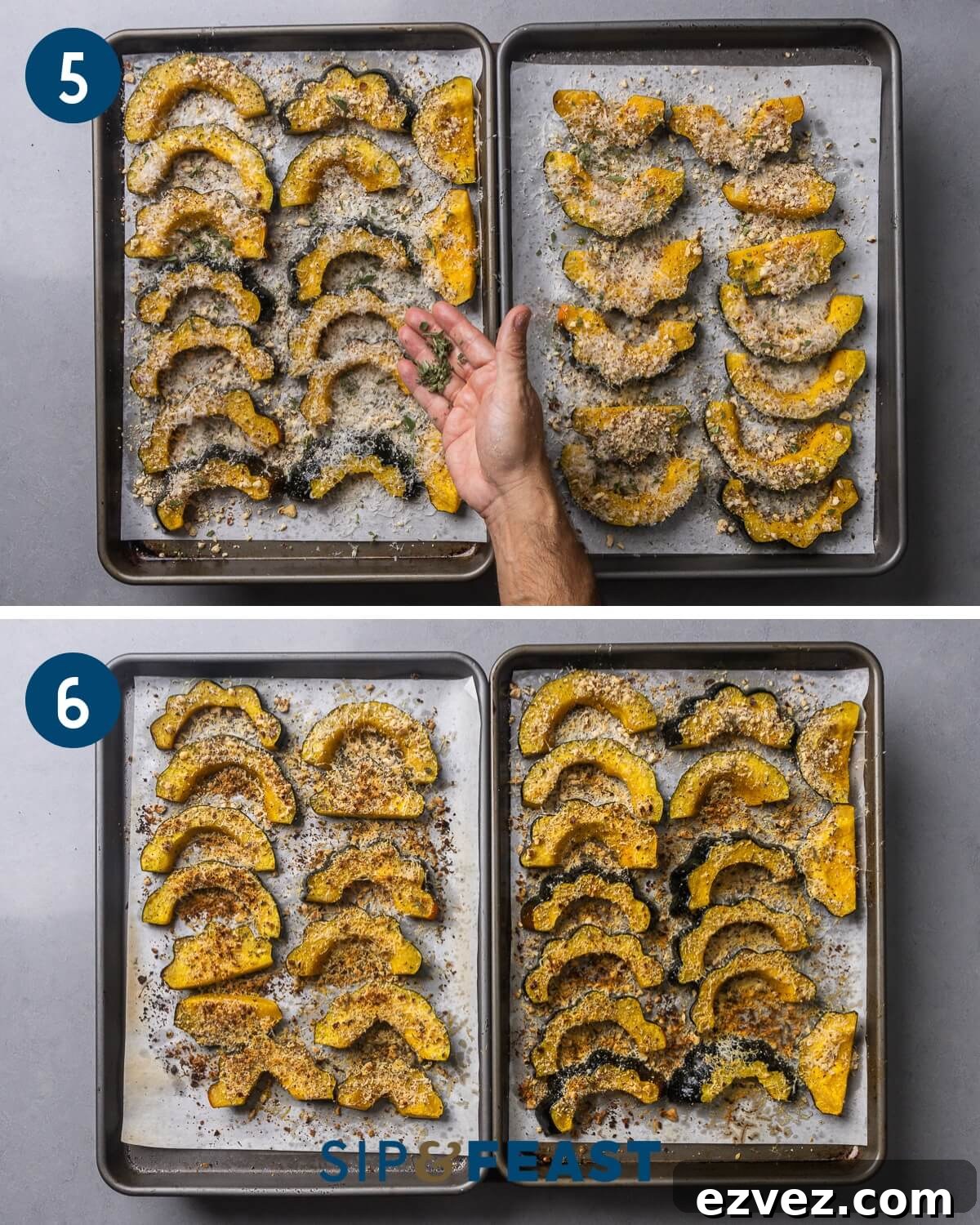 Recipe collage group three showing seasoning the cooked squash with grated cheese, hazelnuts, and sage and the finshed recipe after baking.