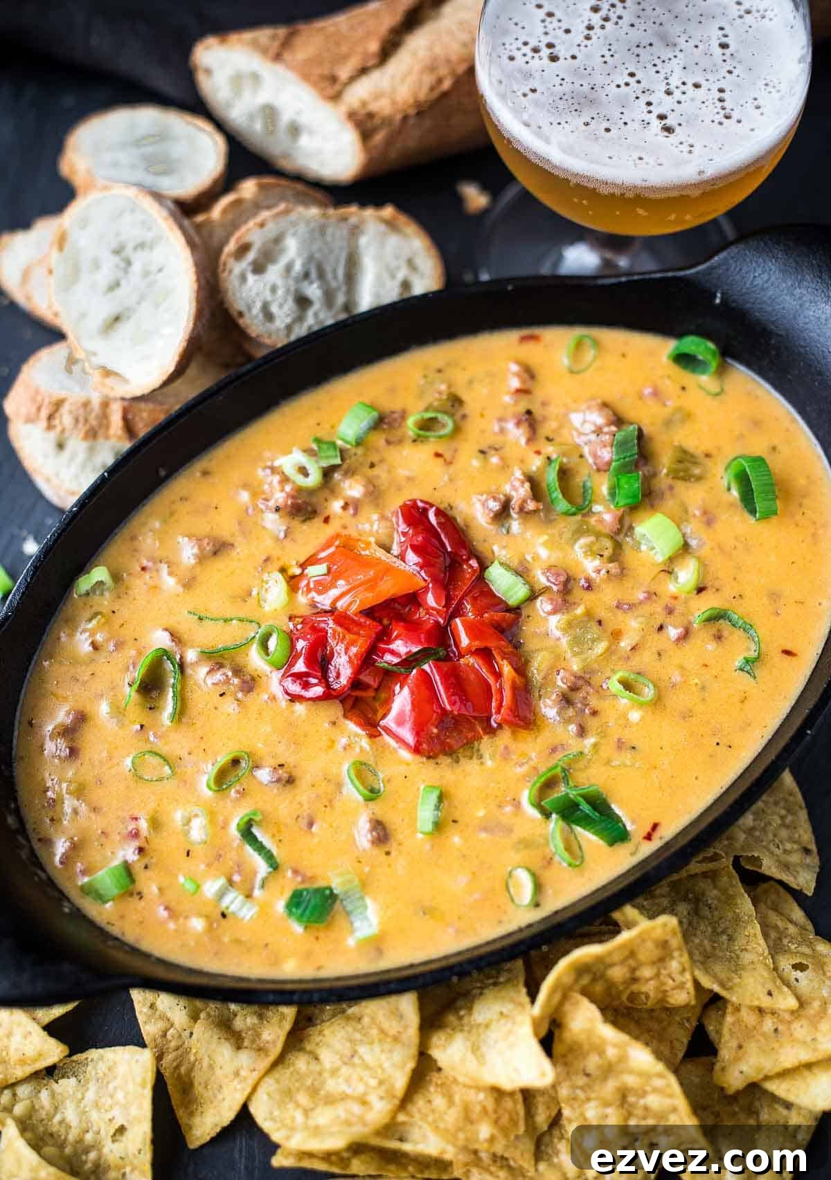 Smoked Sausage Hatch Chile Beer Cheese Dip in a serving dish