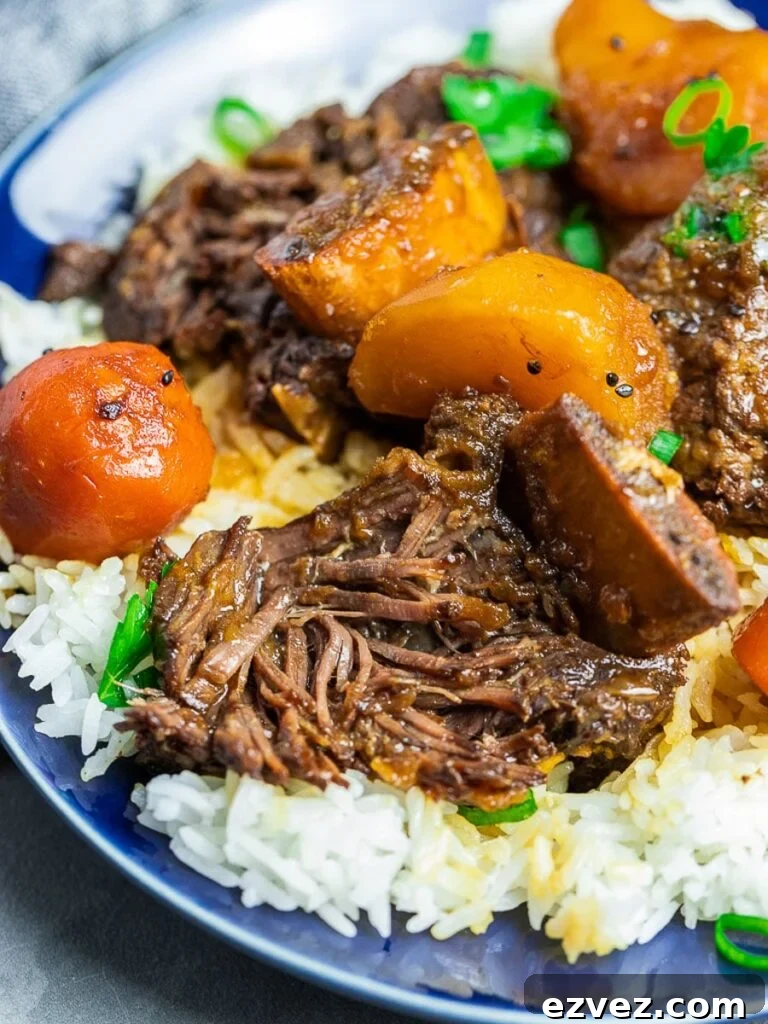 Korean short ribs with potatoes and carrots with rice on a blue plate