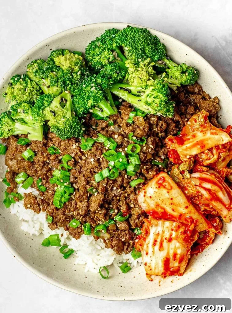 Korean beef bowl with broccoli, kimchi, and scallions; bulgogi bowl