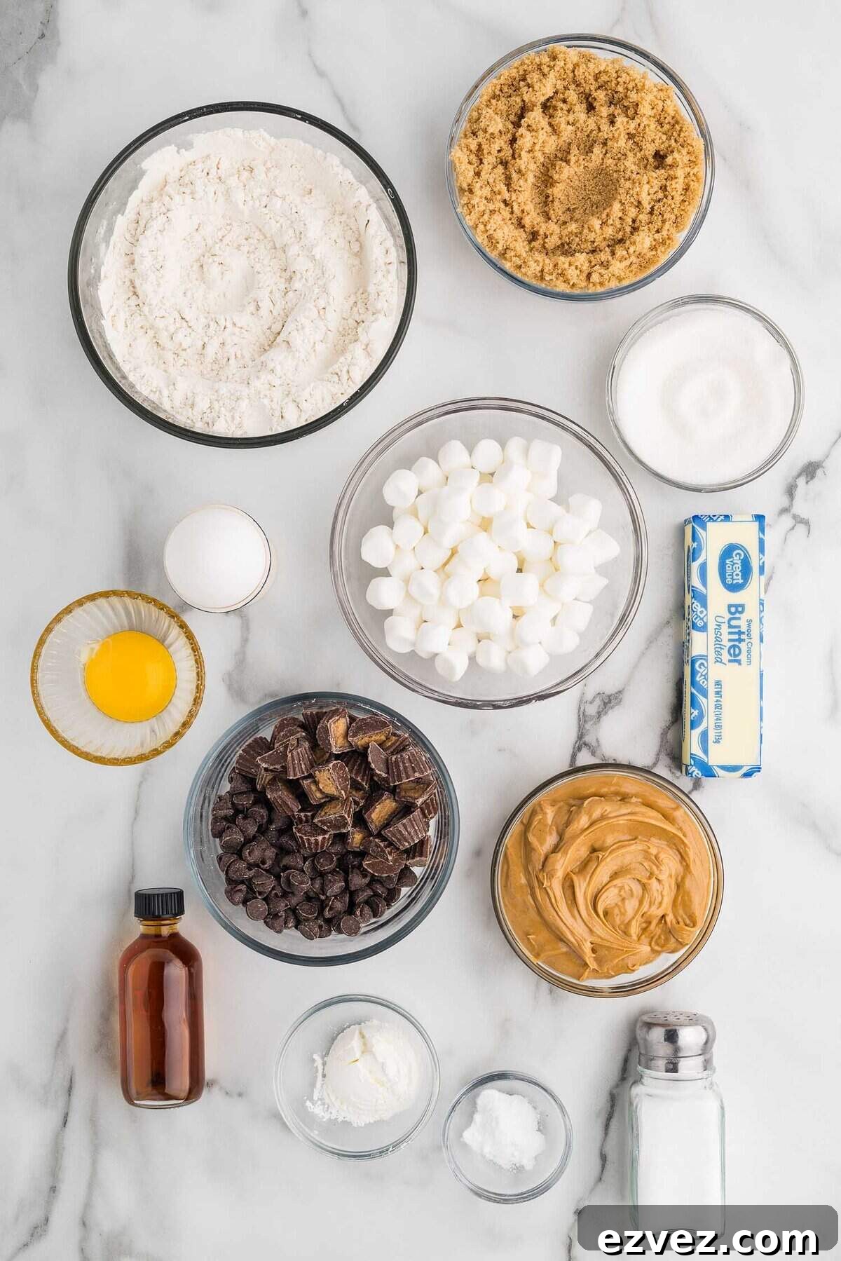 Fluffernutter Cookie Bars Recipe — Peanut Butter & Marshmallow Squares 5 ingredient flatlay for fluffernutter peanut butter cookie bars