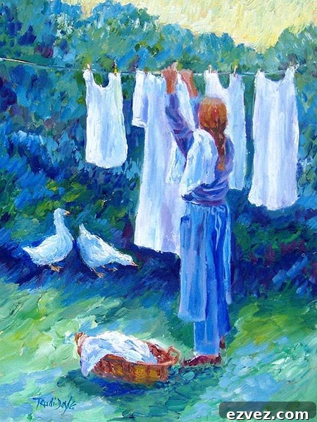 Painting of a woman hanging white clothes.