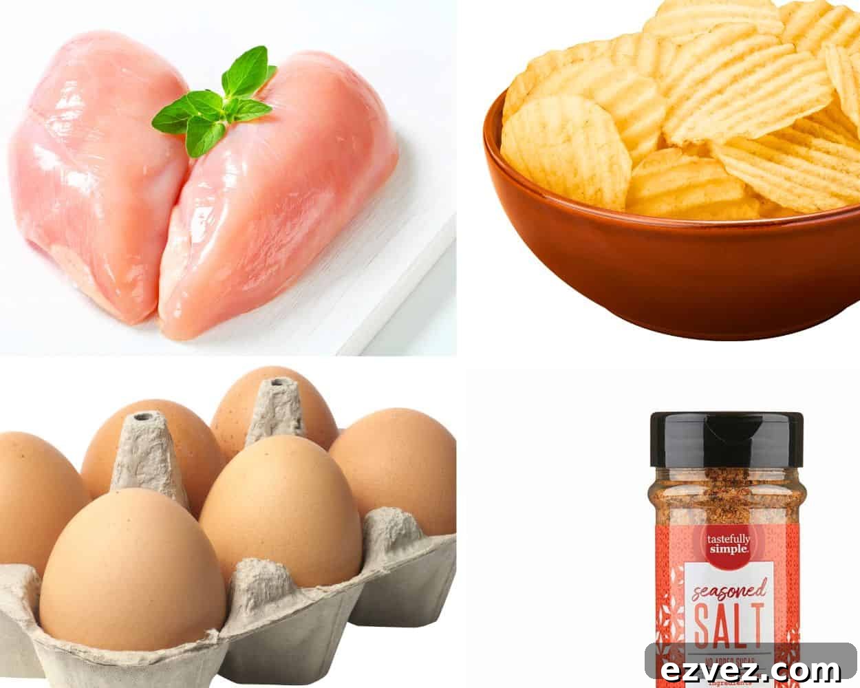 a collage showing raw chicken, potato chips, eggs, and seasoning salt. 