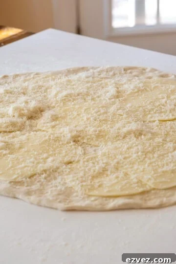 Pepperoni Stromboli: Cheesy Pepperoni Bread Recipe 3 dough rolled out and topped with 3 cheeses