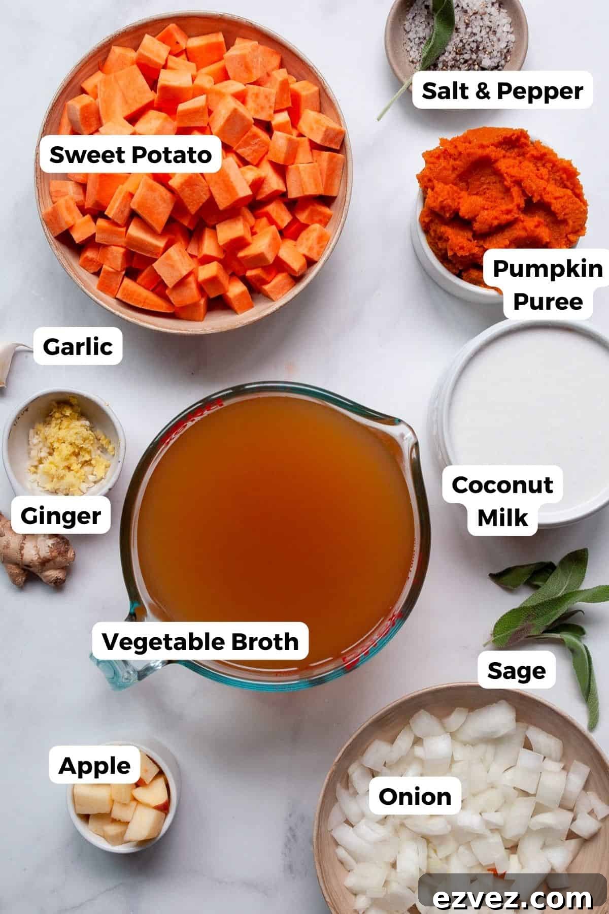 Ingredients for pumpkin sweet potato soup in bowls, labeled - including chopped sweet potatoes, canned pumpkin purée, diced onion, cubed apple, garlic, ginger, fresh sage, coconut milk, vegetable broth, and warm spices like cinnamon and cumin.