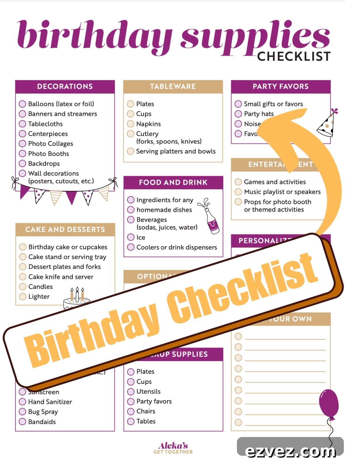 Birthday Party Supplies Checklist: Complete Planner for Any Age 2 Printable free birthday party supplies list graphic.