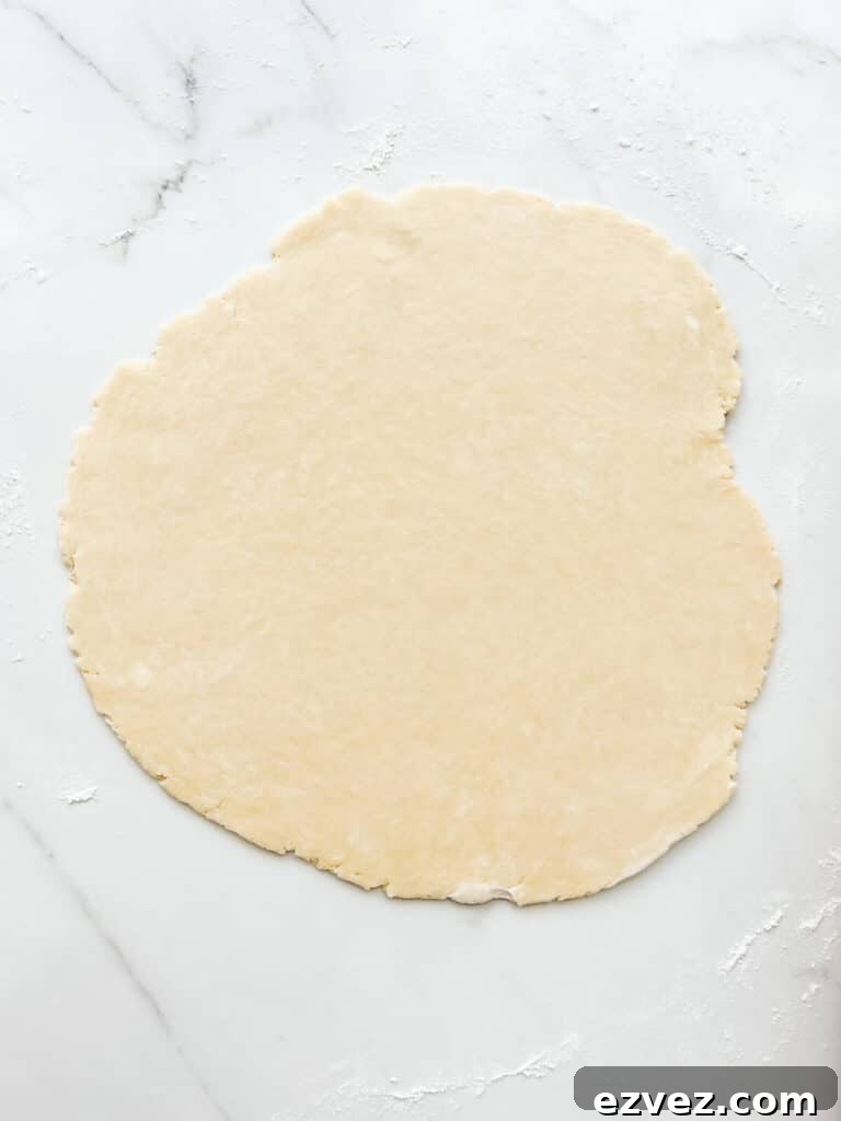 Pie dough rolled out into a round, thin sheet to make a pie crust.