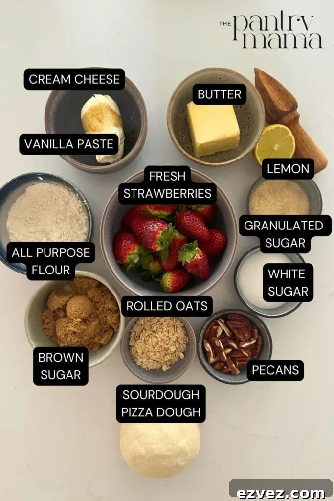 Sourdough Strawberry Crumble Pizza Recipe for Summer Gatherings 3 Flat lay of ingredients necessary to create strawberry crumble sourdough pizza.