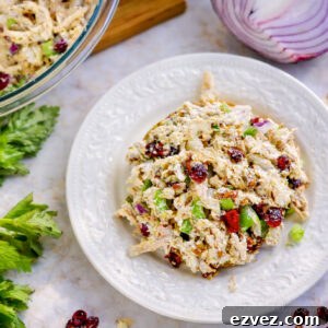 cranberry chicken salad on a bun on a plate, surrounded by a bowl, onion, celery.