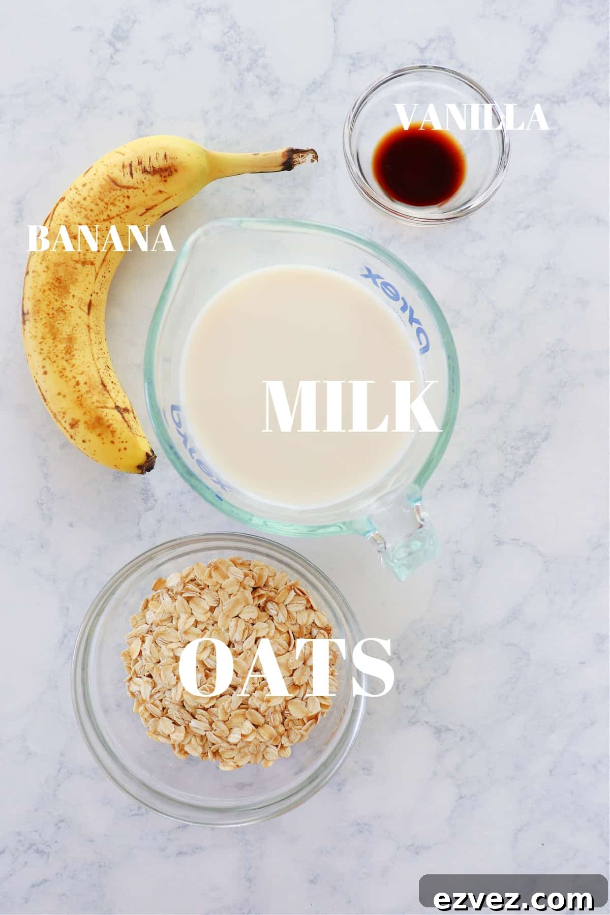 Oatmeal Smoothie ingredients Oatmeal smoothie ingredients on a marble board.
