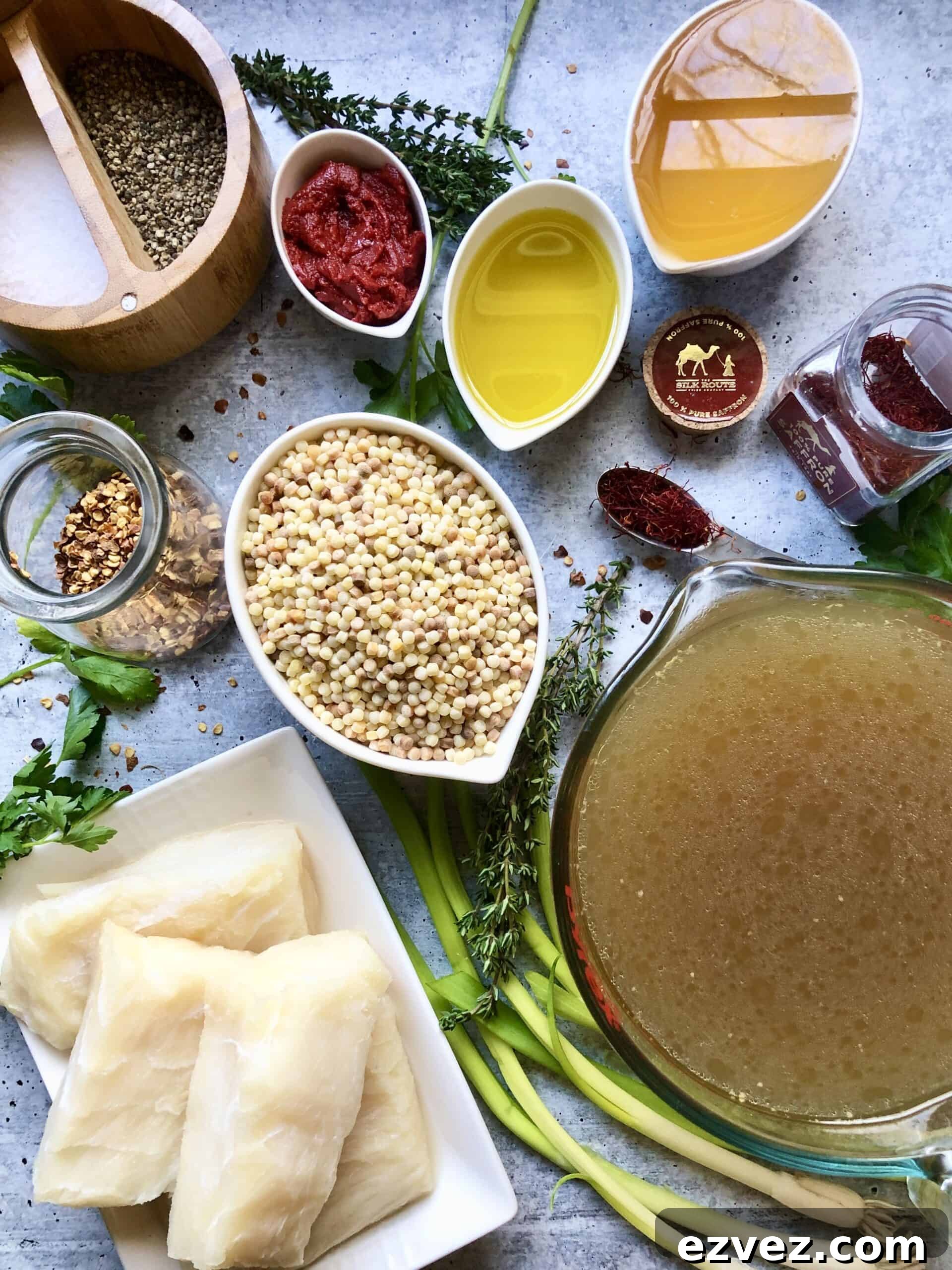 Lidia's Halibut with Saffron Fregola