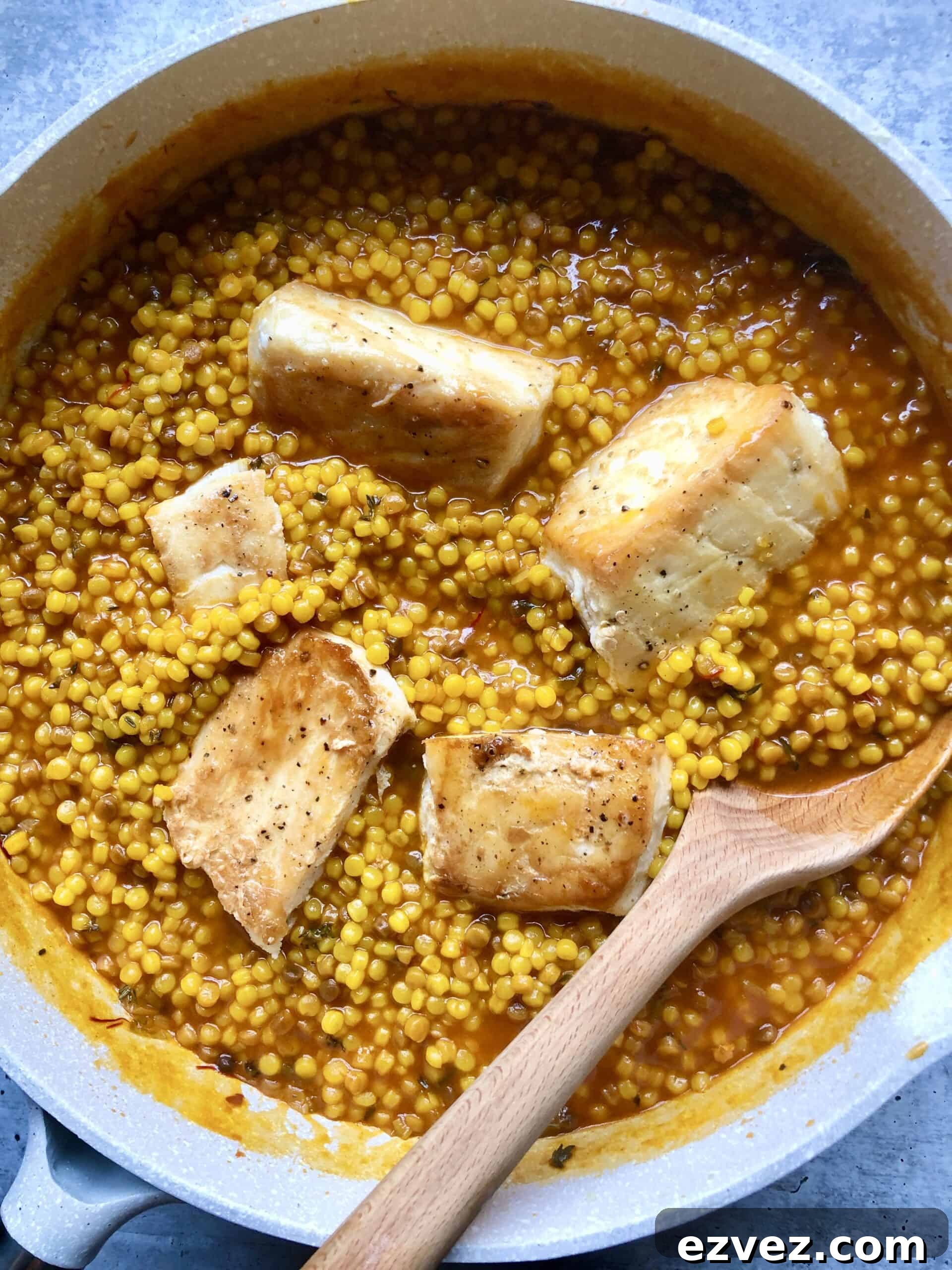 Lidia's Halibut with Saffron Fregola