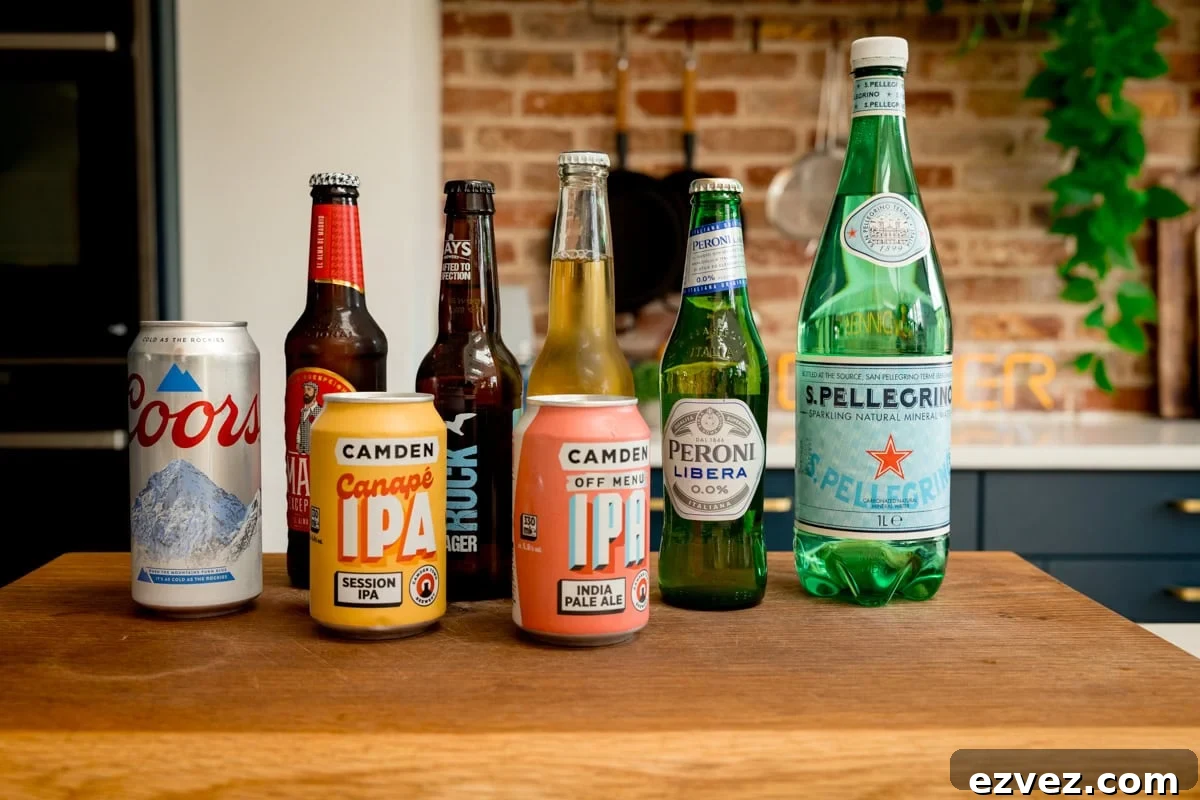 Crispy Beer Batter Recipe for Perfect Fried Fish and Vegetables 4 A variety of bottles and cans representing beer and sparkling water options for the batter.